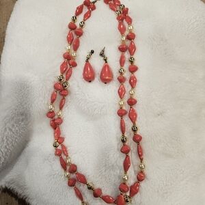 Elegant Coral and Gold Beaded Necklace Set